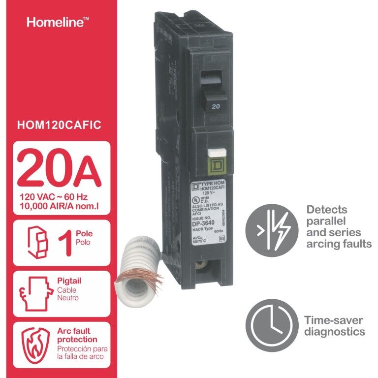 Square D Homeline Combination ARC-Fault 1-Pole Mini Circuit Breaker, 20-A, 120-V AC