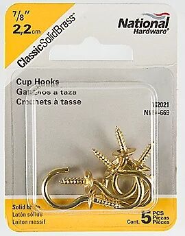 National Hardware Solid Brass Cup Hooks, 7/8-In