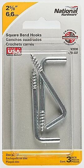 National Hardware Zinc Plated Square Bend #106, 2 5/8-In Hook, 3-Pc
