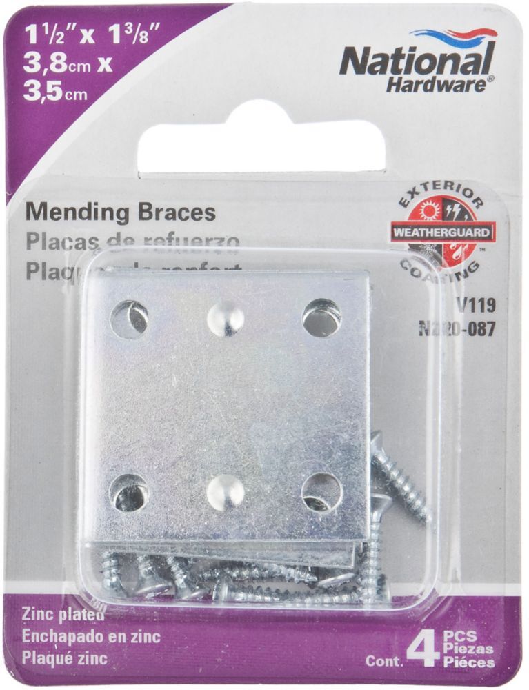 National Hardware Zinc Plated Mending Brace, 1 1/2-In x 1 3/8-In, 4-Pk
