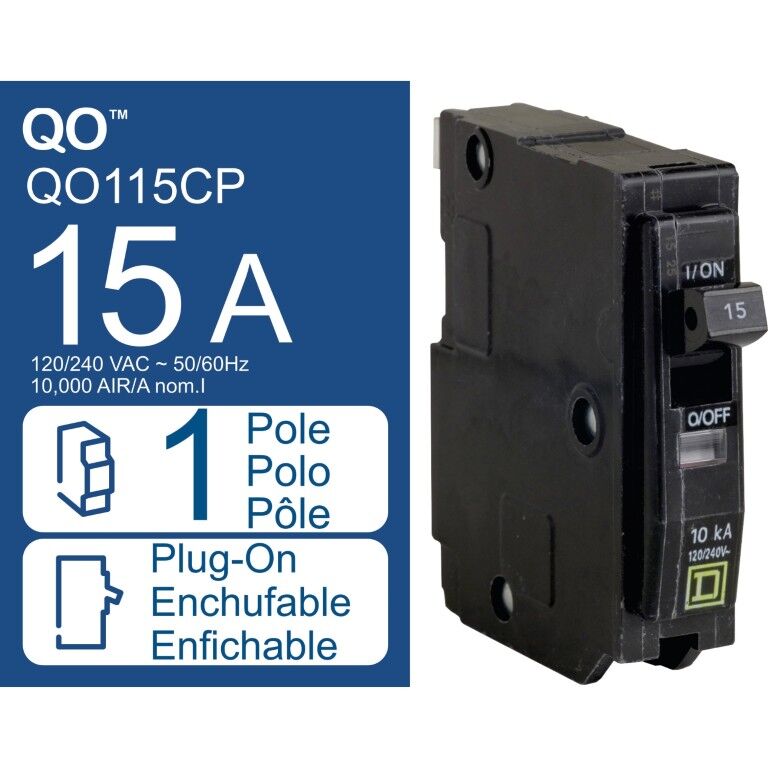 Square D QO Standard 1-Pole Mini Circuit Breaker, 15-A, 120-V/240-V AC