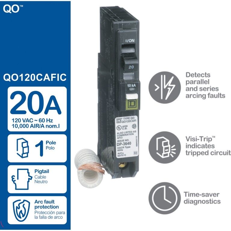 Square D QO Combination ARC-Fault 1-Pole Mini Circuit Breaker, 20-A, 120-V AC