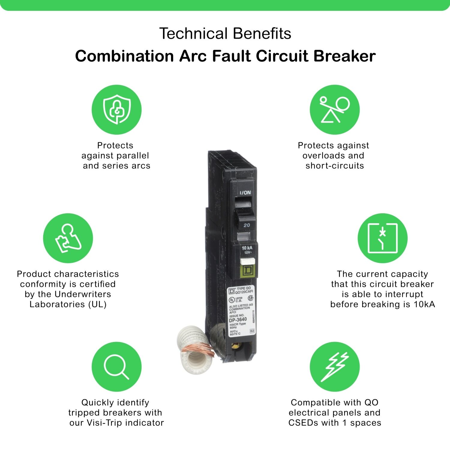 Square D QO Combination ARC-Fault 1-Pole Mini Circuit Breaker, 20-A, 120-V AC