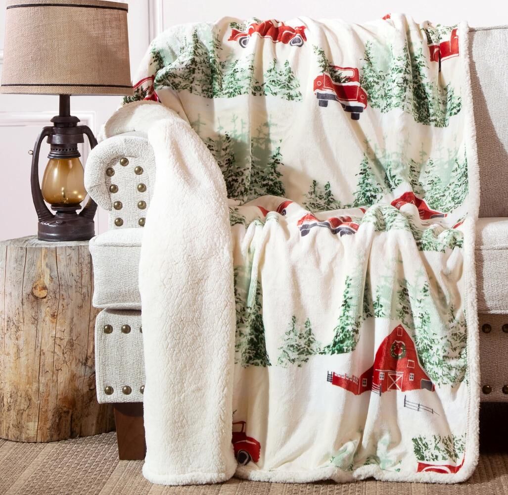 Carstens Christmas Barn and Truck Plush Sherpa Throw