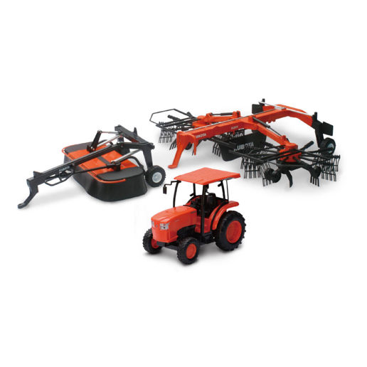 New Ray Kubota Farm Tractor with Rake & Disc Mower Toy Set