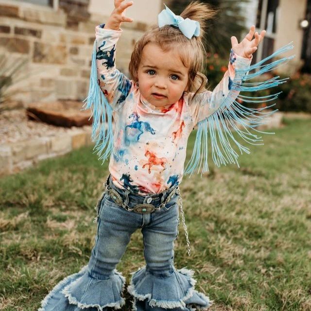 Shea Baby Kids' Watercolor Horse Long Sleeve Fringe Onesie
