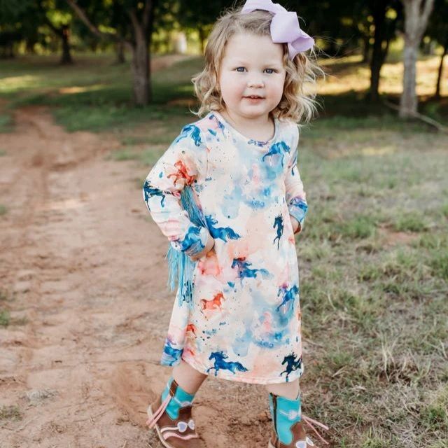 Shea Baby Kids' Watercolor Horse Fringe Dress