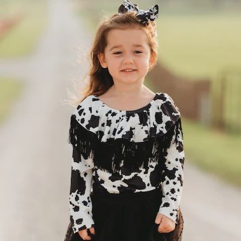 Shea Baby Kids' Cowprint Long Sleeve Fringe Shirt