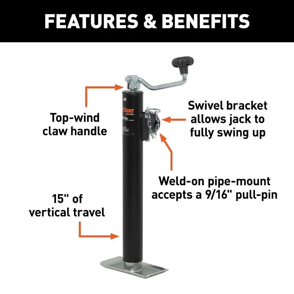 Curt Pipe-Mount Swivel Jack with Top Handle, 2000-Lb, 15-In Travel