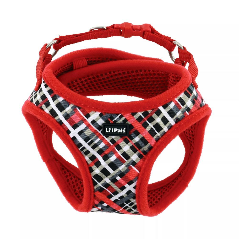 Li'l Pals X-Small Red & Gray Plaid Canvas Dog Harness