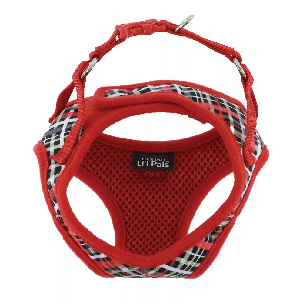 Li'l Pals X-Small Red & Gray Plaid Canvas Dog Harness