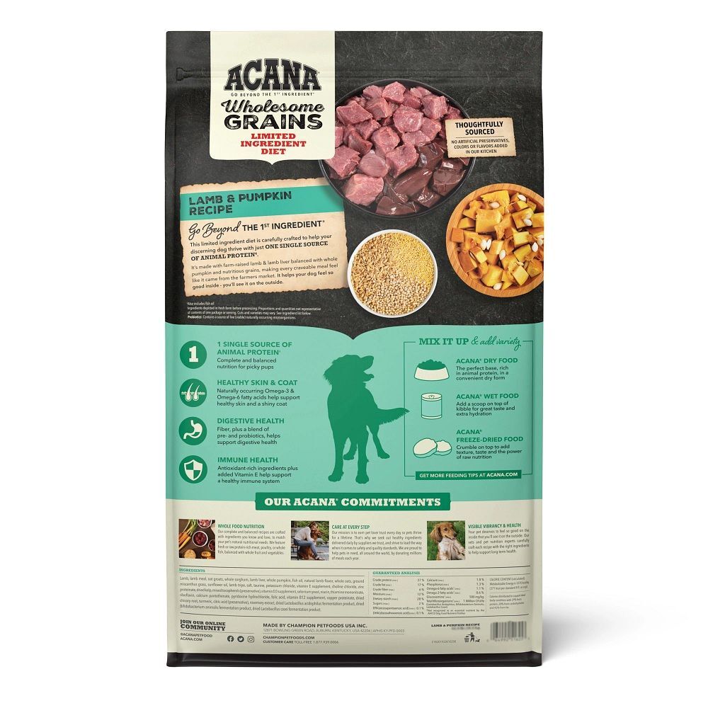 Acana Wholesome Grains, Lamb & Pumpkin Recipe, Limited Ingredient Diet Dog Food, 4-LB