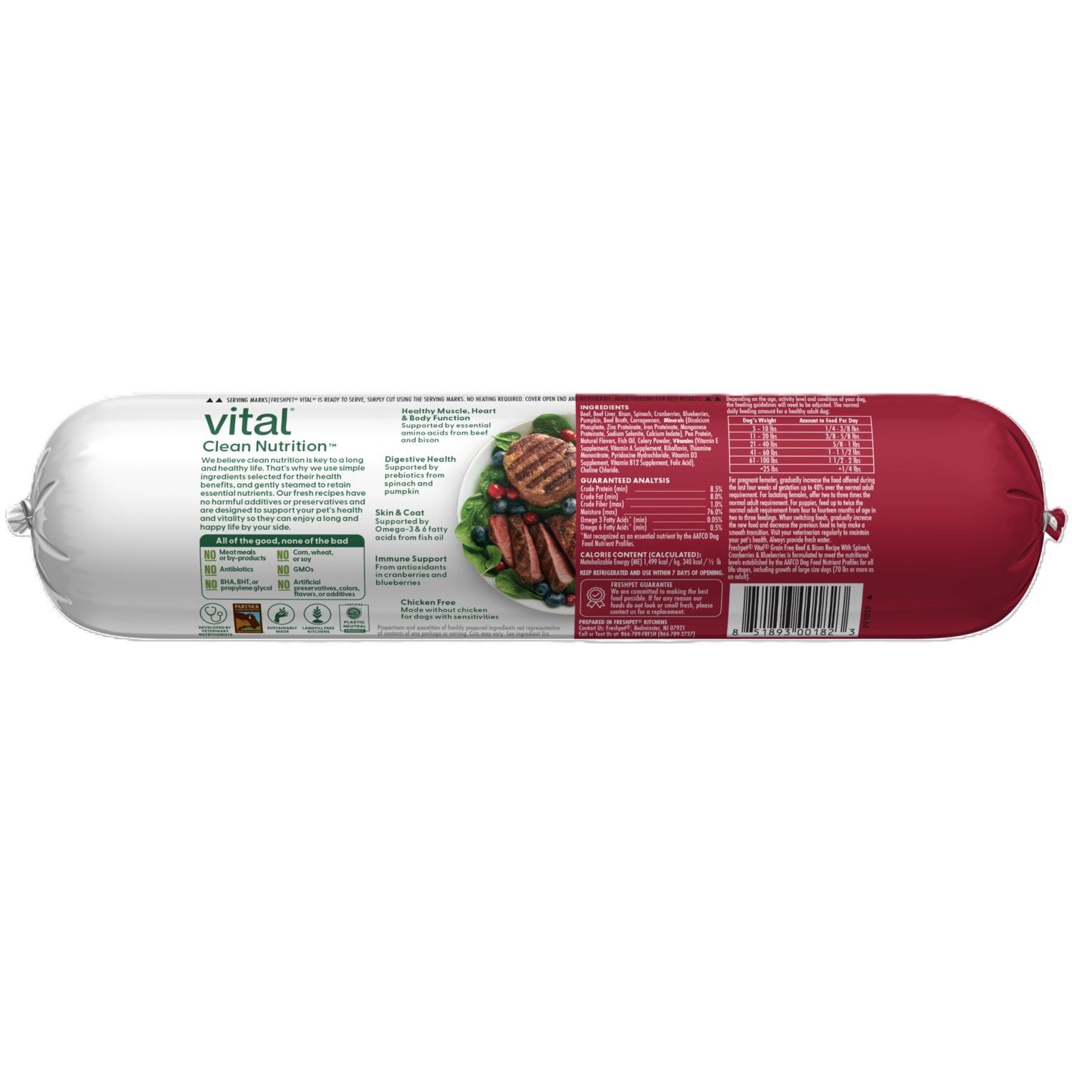 Freshpet Vital Grain Free Beef & Bison Recipe with Spinach Cranberries & Blueberries Dog Food, 2-Lb