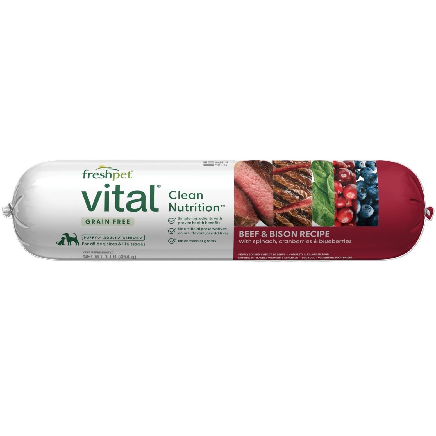 Freshpet Vital Grain Free Beef & Bison Recipe with Spinach, Cranberries, Blueberries Dog Food, 5-Lb