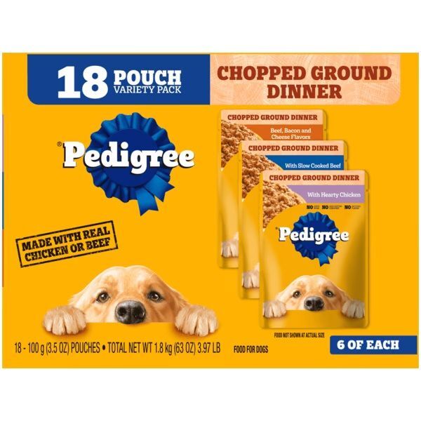 PEDIGREE Pouch Chopped Ground Dinner Variety Pack with Beef, Bacon, & Cheese Flavor, 3.5-Oz, 18-Pk