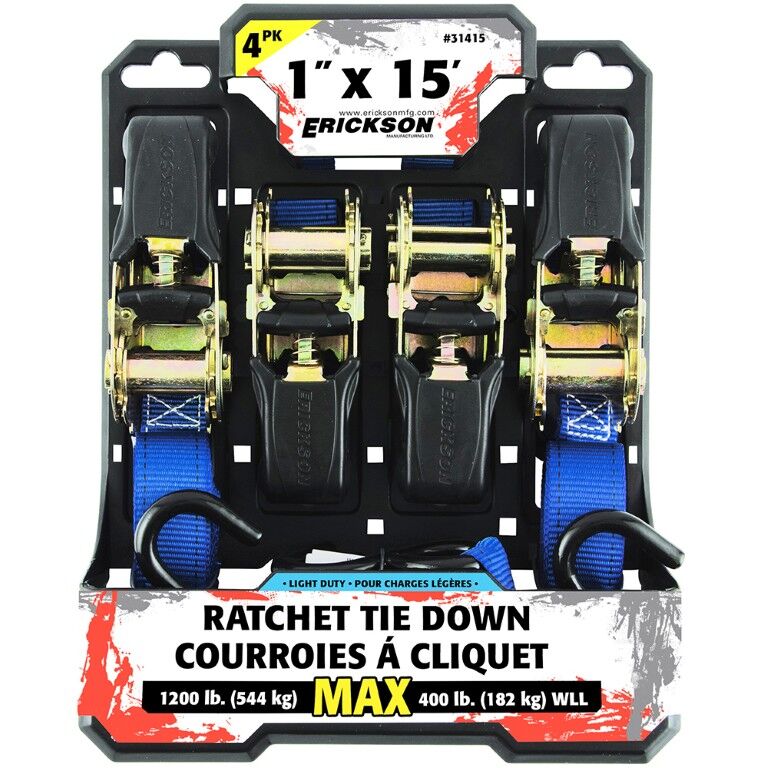 Erickson Soft Grip Ratcheting Tie-Down, 1200 lbs., Blue, 1 in. x 15 ft., 4 pack