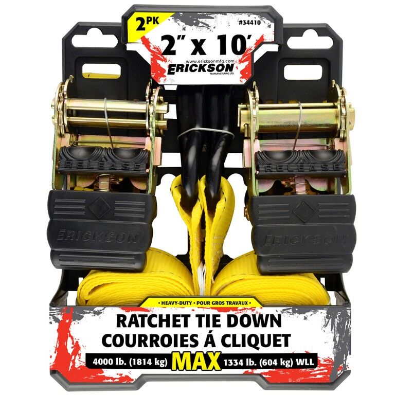 Erickson Ratcheting Tie-Downs with Double J-Hooks, 4000 lbs., Yellow, 2 in. x 10 ft., 2 pack