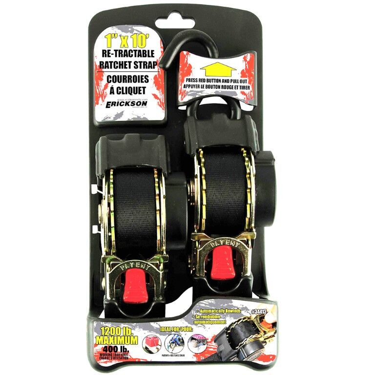 Erickson Re-Tractable Ratchet Straps, 1200 lbs., Black, 1 in. x 10 ft., 2 pack