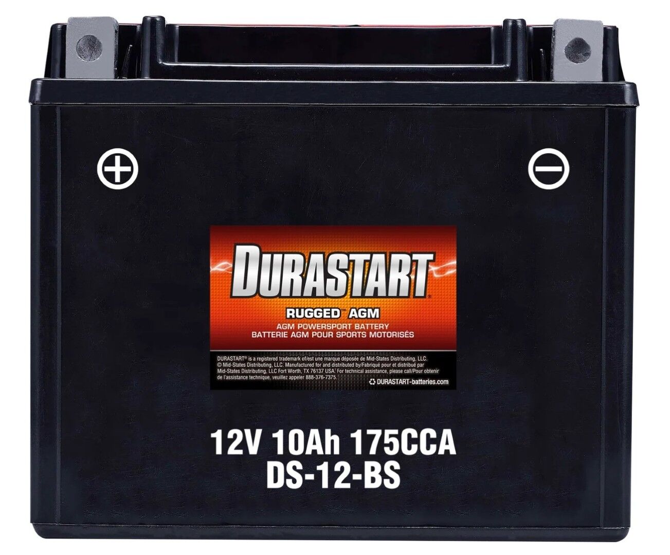 Durastart Rugged AGM Powersport Battery 12-BS, 12V, 10Ah, 175 CCA