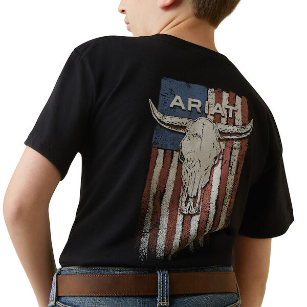 Boy's Ariat Steer Skull Flag T-Shirt in Black