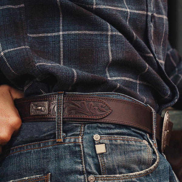 AndWest Men's 1 1/2-In Tooled And Metal Concho Overlay Belt in Brown