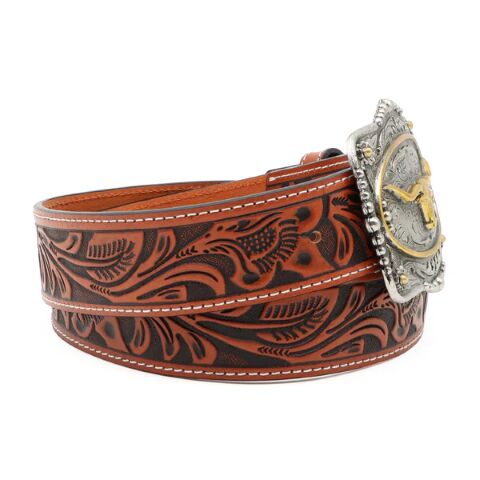 AndWest Men's 1 1/2-In Veg Tooled With Longhorn Buckle Belt in Brown
