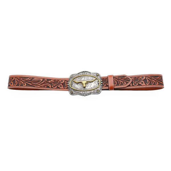 AndWest Men's 1 1/2-In Veg Tooled With Longhorn Buckle Belt in Brown