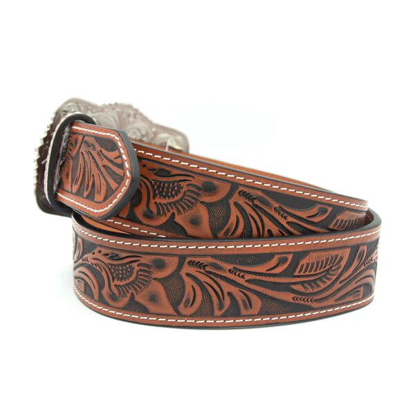 AndWest Men's 1 1/2-In Veg Tooled With Longhorn Buckle Belt in Brown