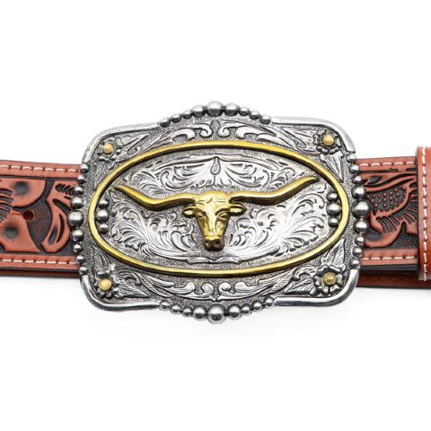 AndWest Men's 1 1/2-In Veg Tooled With Longhorn Buckle Belt in Brown