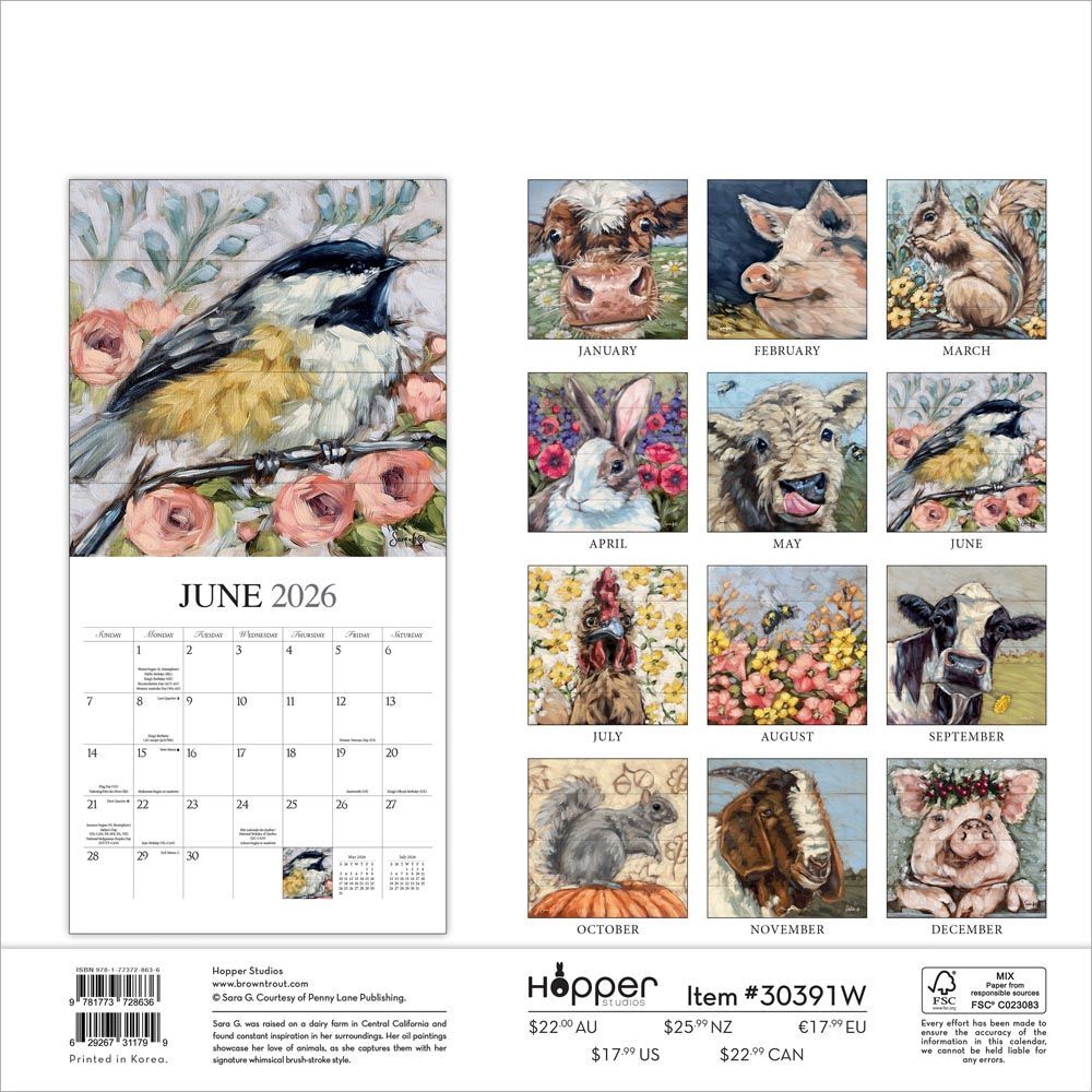 Brown Trout Publisher 2026 Barnyard Friends Monthly Square Wall Calendar, 12-In x 24-In