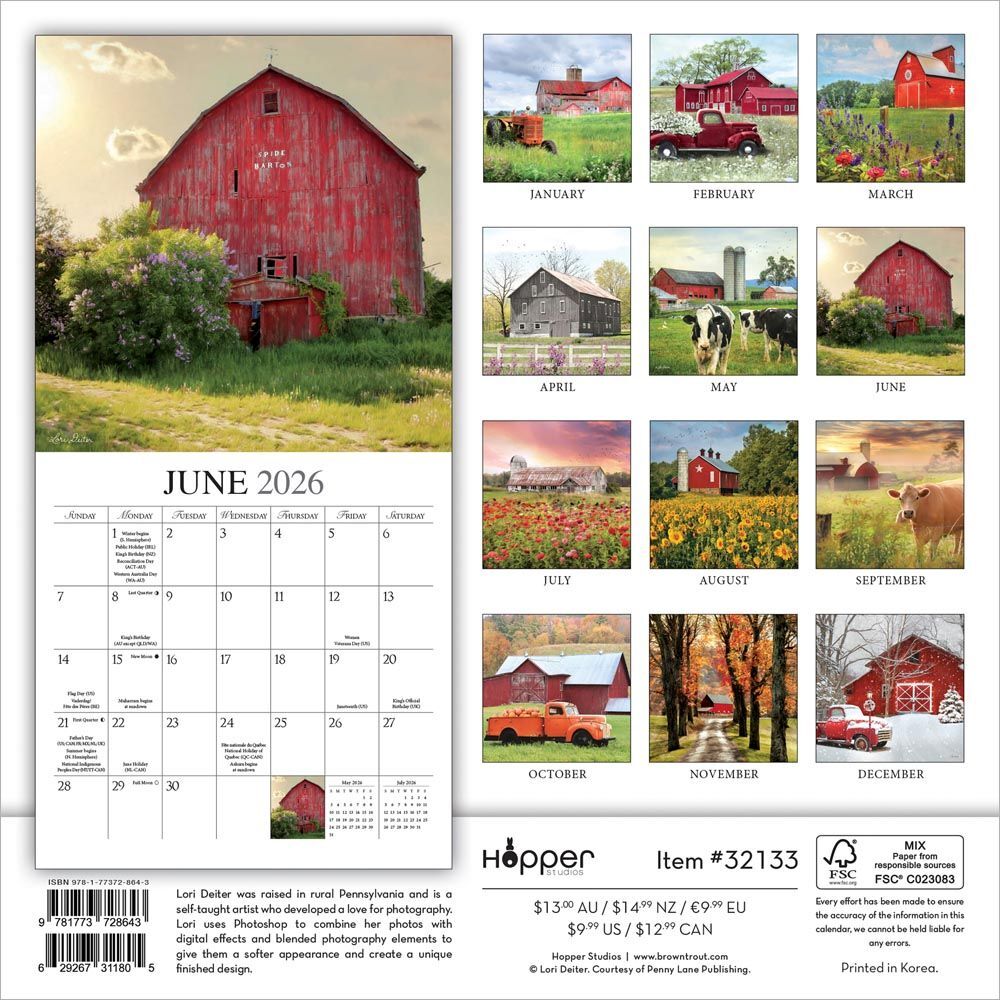 Brown Trout Publisher 2026 Beckoning Barns Monthly Mini Wall Calendar, 7-In x 14-In