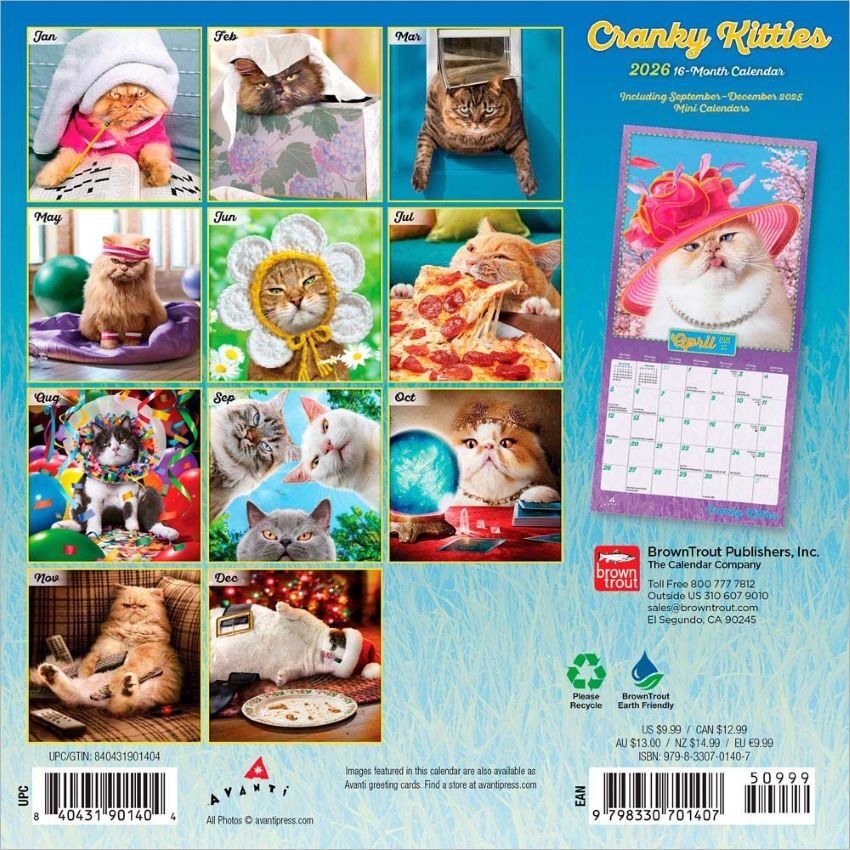 Brown Trout Publisher 2026 Avanti Cranky Kitties Monthly Mini Wall Calendar, 7-In x 14-In