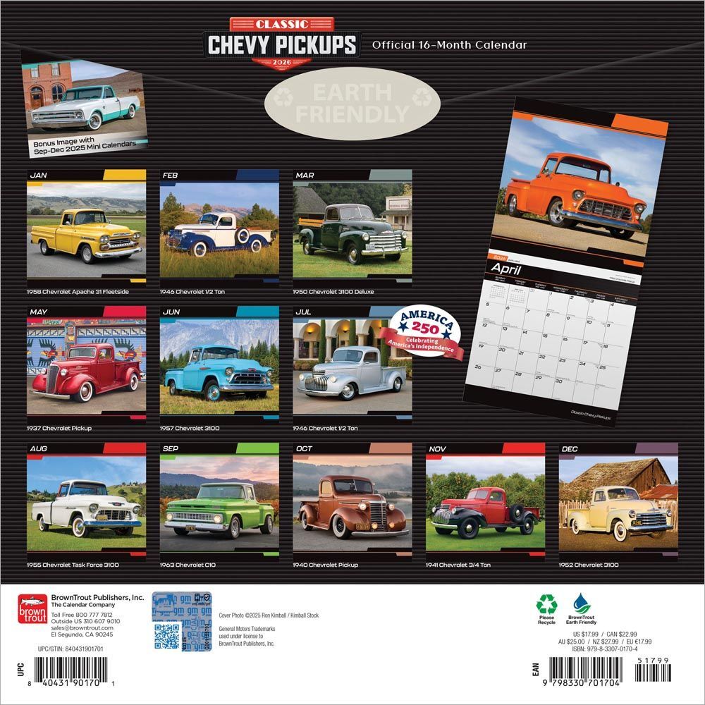Brown Trout Publisher 2026 Classic Chevy Pickups Monthly Square Wall Calendar, 12-In x 24-In