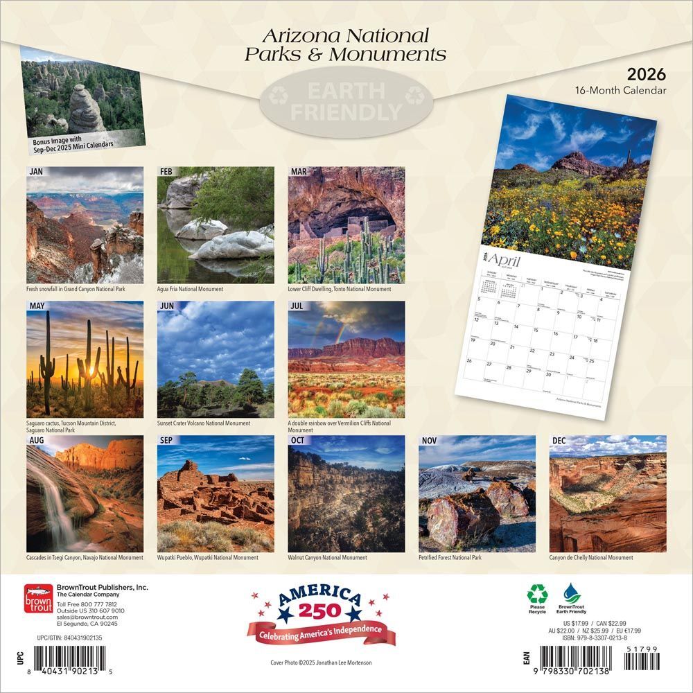 Brown Trout Publisher 2026 Arizona National Parks & Monuments Monthly Wall Calendar, 12-In x 24-In