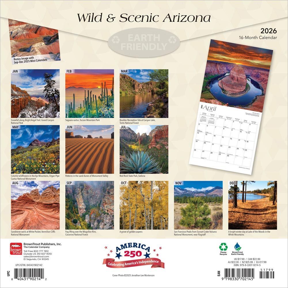 Brown Trout Publisher 2026 Arizona Wild & Scenic Monthly Square Wall Calendar, 12-In x 24-In
