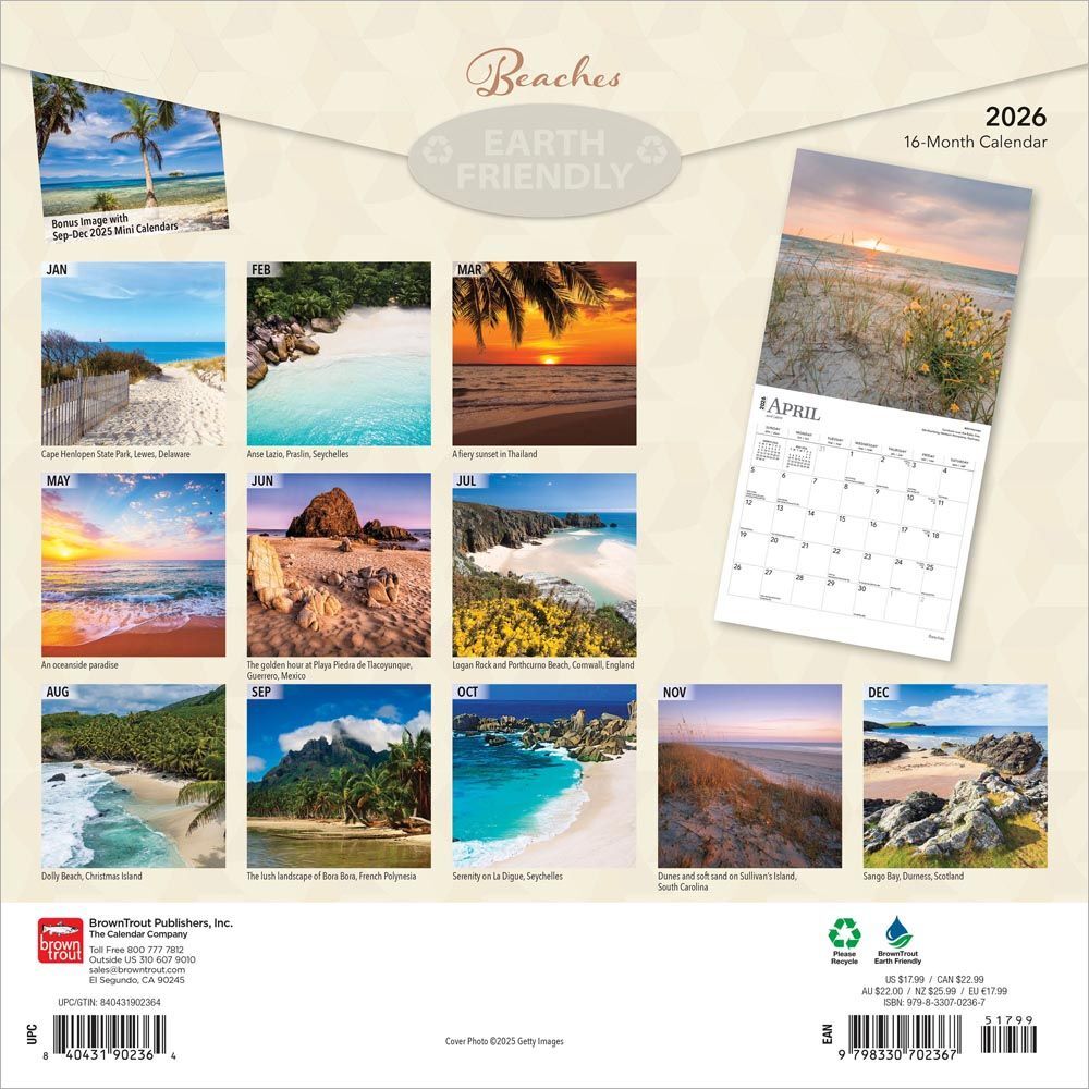Brown Trout Publisher 2026 Beaches Monthly Square Wall Calendar, 12-In x 24-In