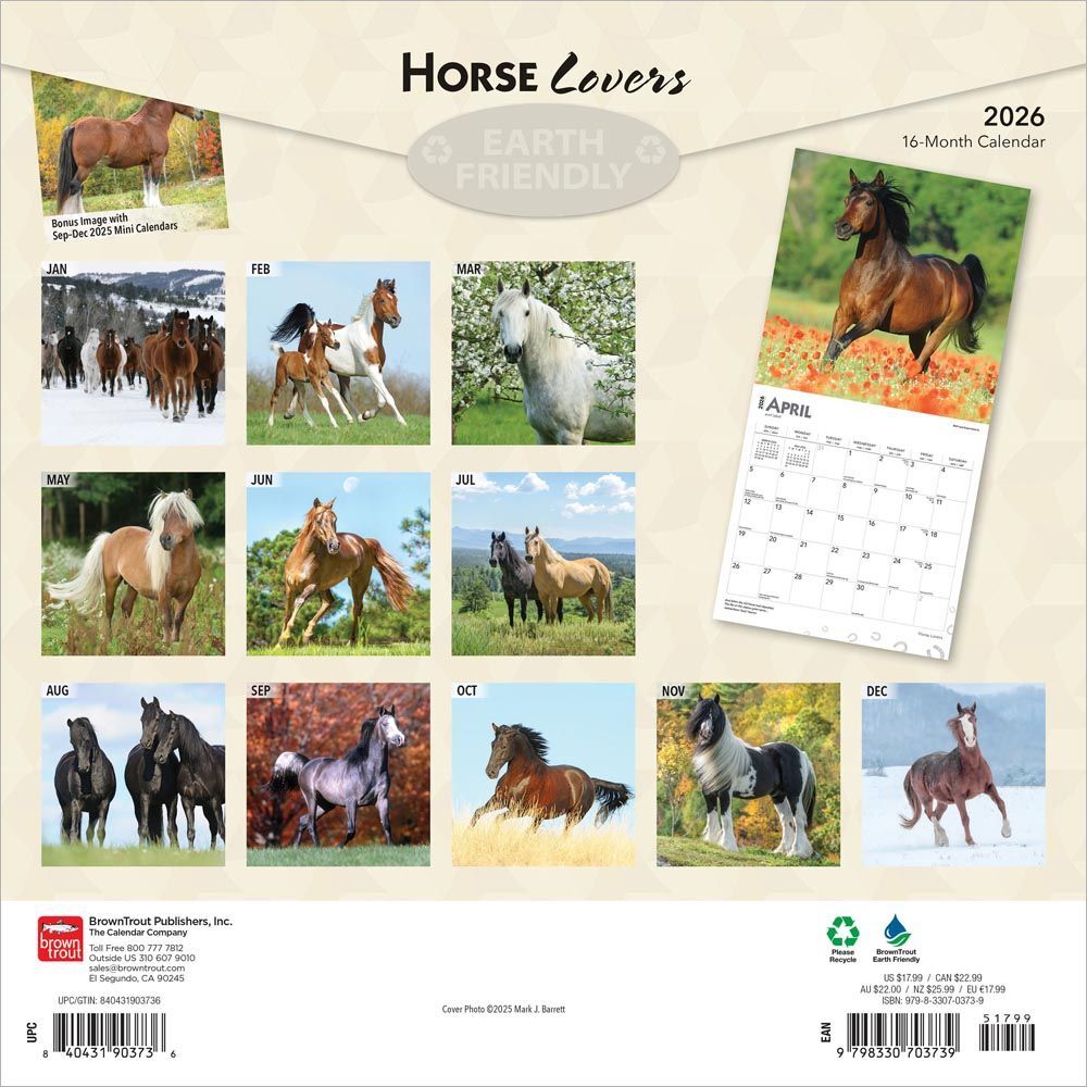 Brown Trout Publisher 2026 Horse Lovers Monthly Square Wall Calendar, 12-In x 24-In