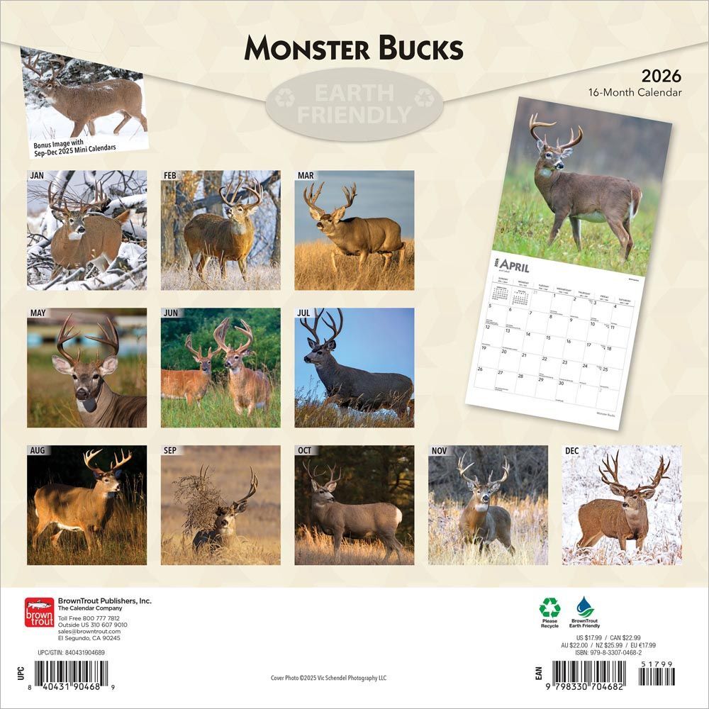 Brown Trout Publisher 2026 Moster Bucks Monthly Square Wall Calendar, 12-In x 24-In