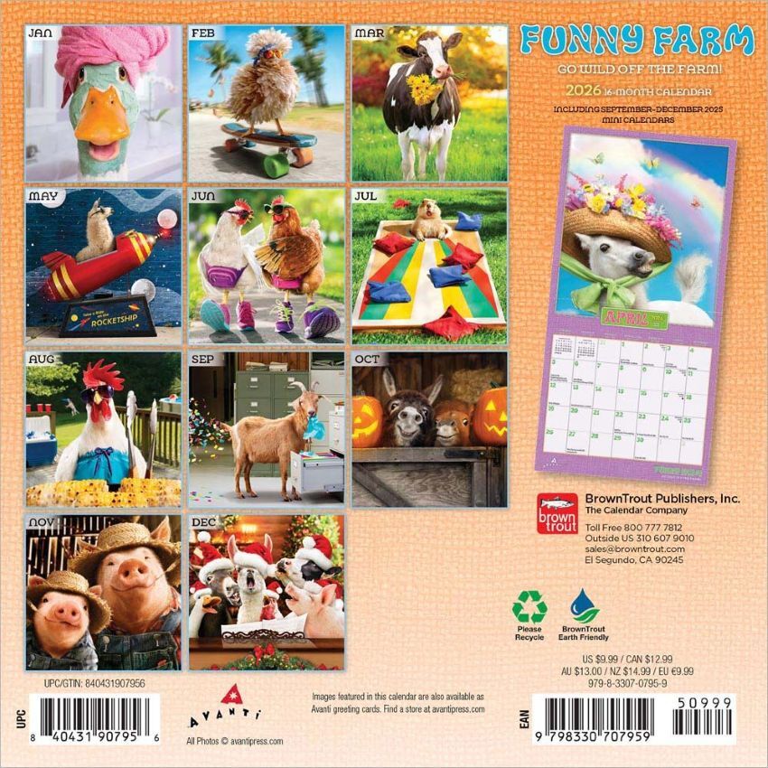 Brown Trout Publisher 2026 Avanti Funny Farm Monthly Mini Wall Calendar, 7-In x 14-In