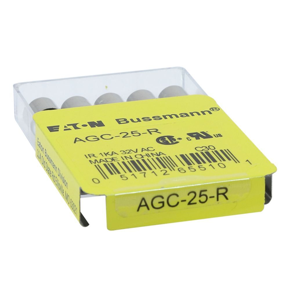 Bussmann GBB Series AGC Fast-Acting Non-Indicating Glass Tube Fuse, 25-A, 32-V DC/32-V AC, 5-Pk