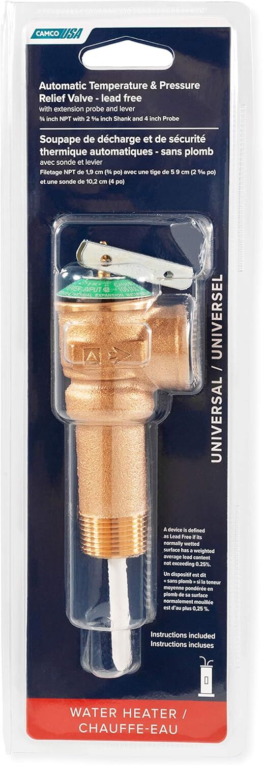 Camco Automatic Temperature And Pressure Relief Valve With Extension Probe And Lever, 3/4 x 4-In
