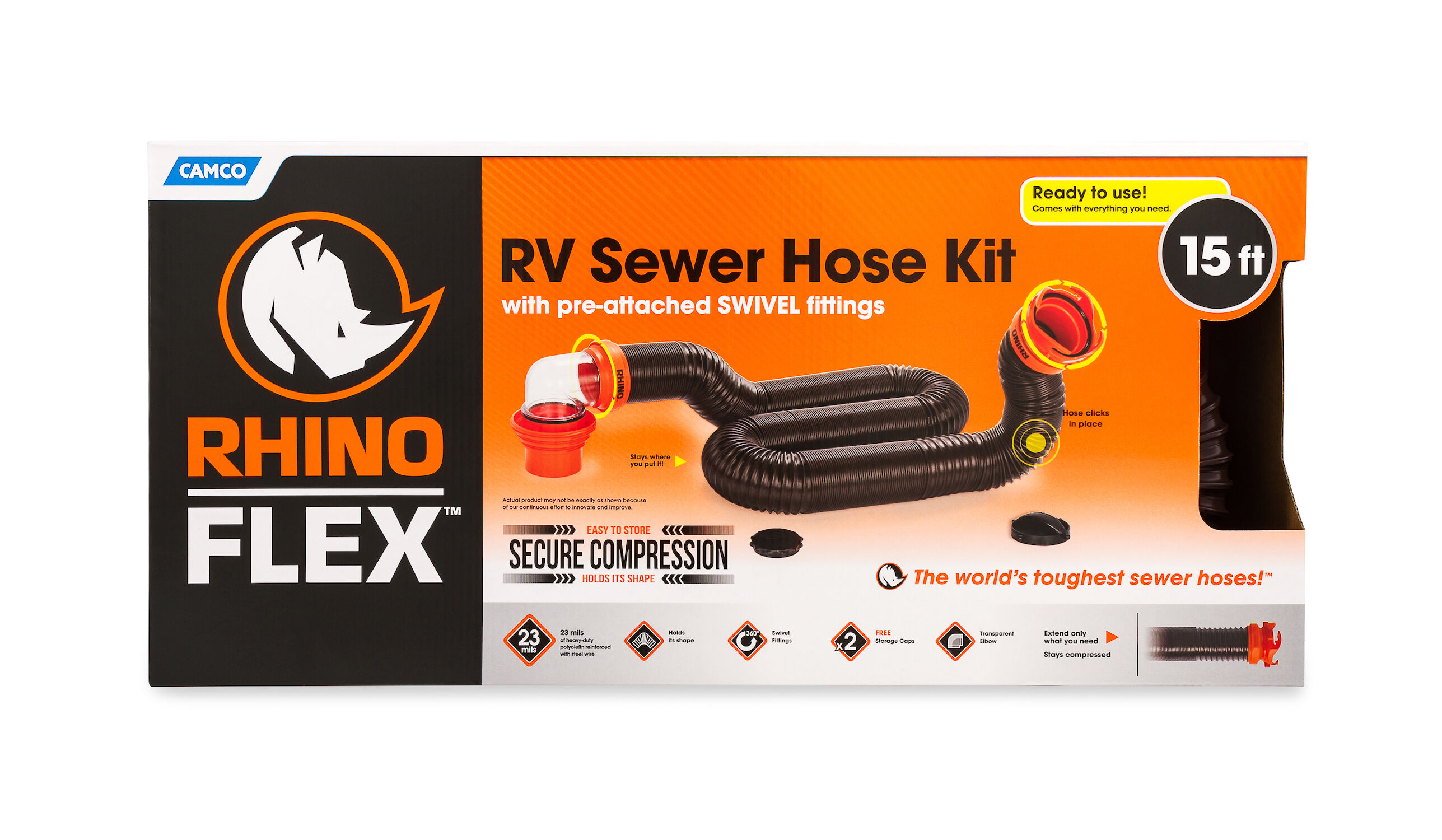 Rhino Flex 15-Ft RV Sewer Hose with Pre-Attached Swivel Fittings