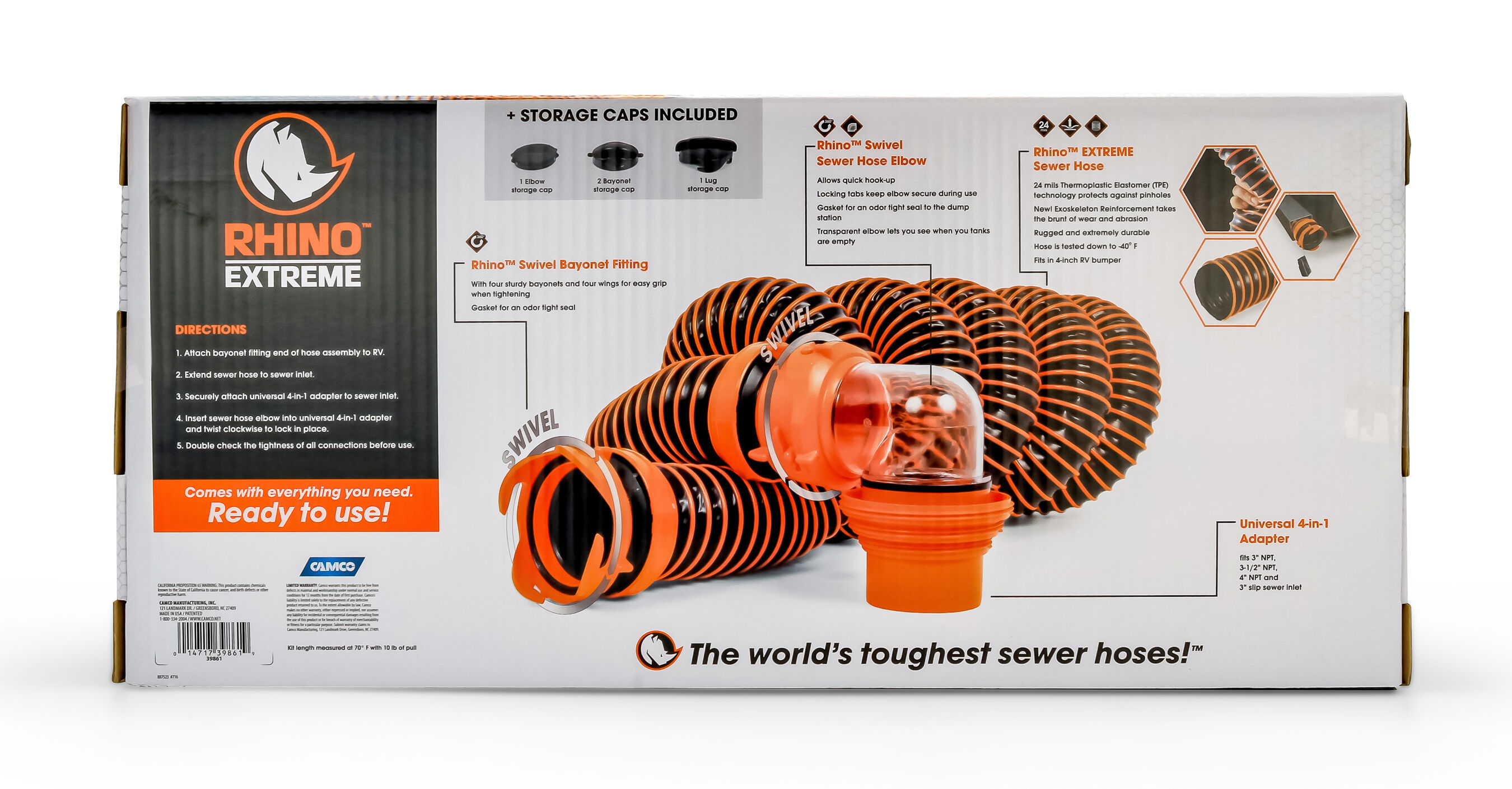 RhinoEXTREME 15-Ft Sewer Hose Kit w/SwivelFit,4N1,E-Lbow,Caps