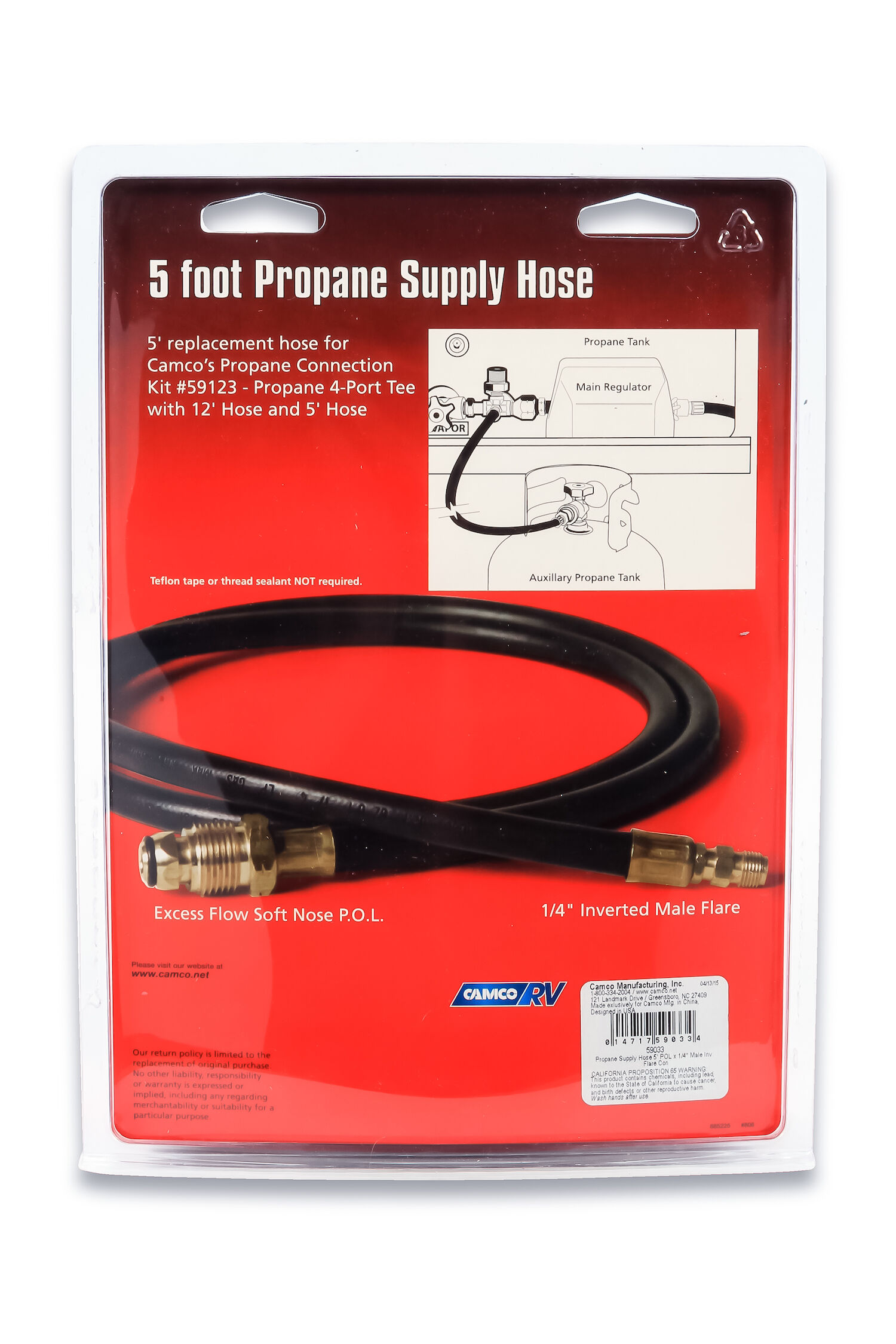 Propane Supply Hose, 5-Ft POLx1/4-In Male Inv. Flare Conn, Clam