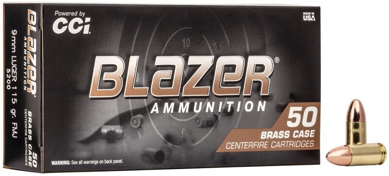 Blazer Brass 9mm, 115 Grain Full Metal Jacket Pistol Ammo, 50-Rd