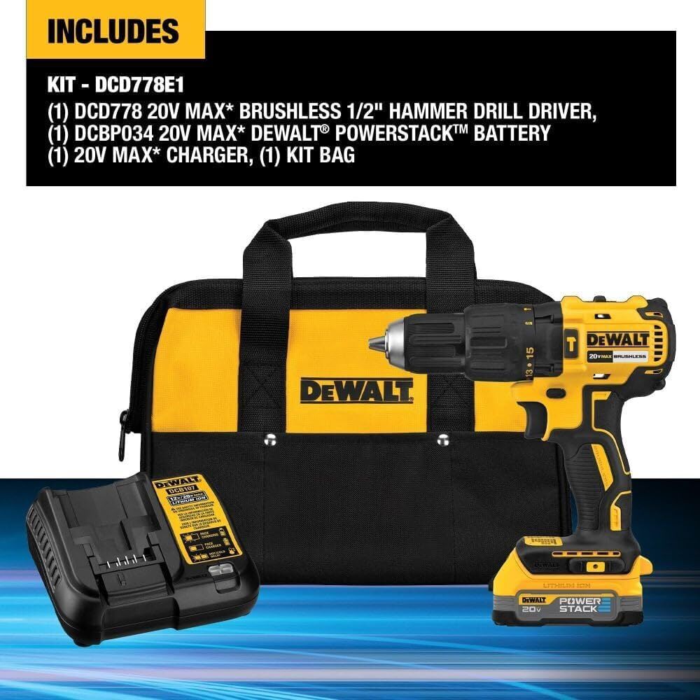 DEWALT 20-V Max PowerStack Brushless Hammer Drill Driver Kit, 1/2-In