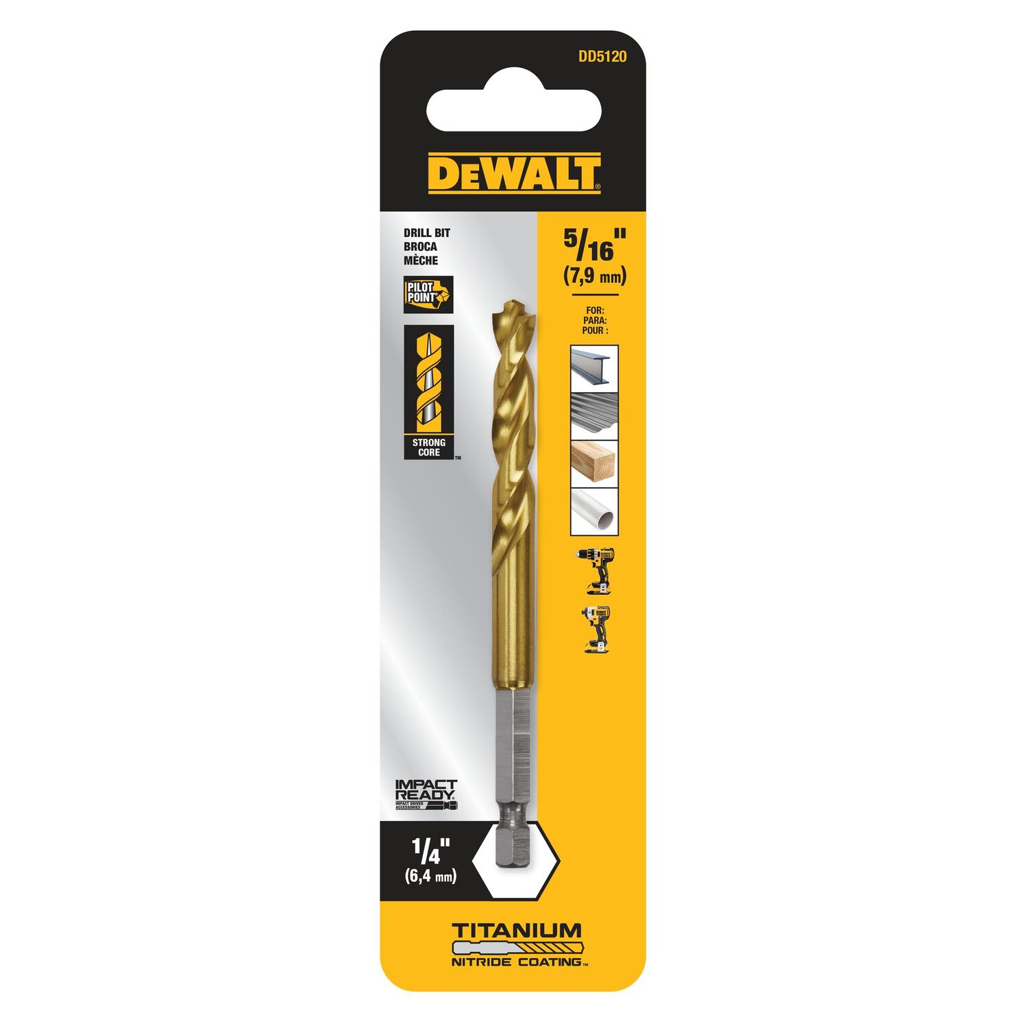 DEWALT Impact Ready Titanium Nitride Coated Drill Bit, 5/16-In