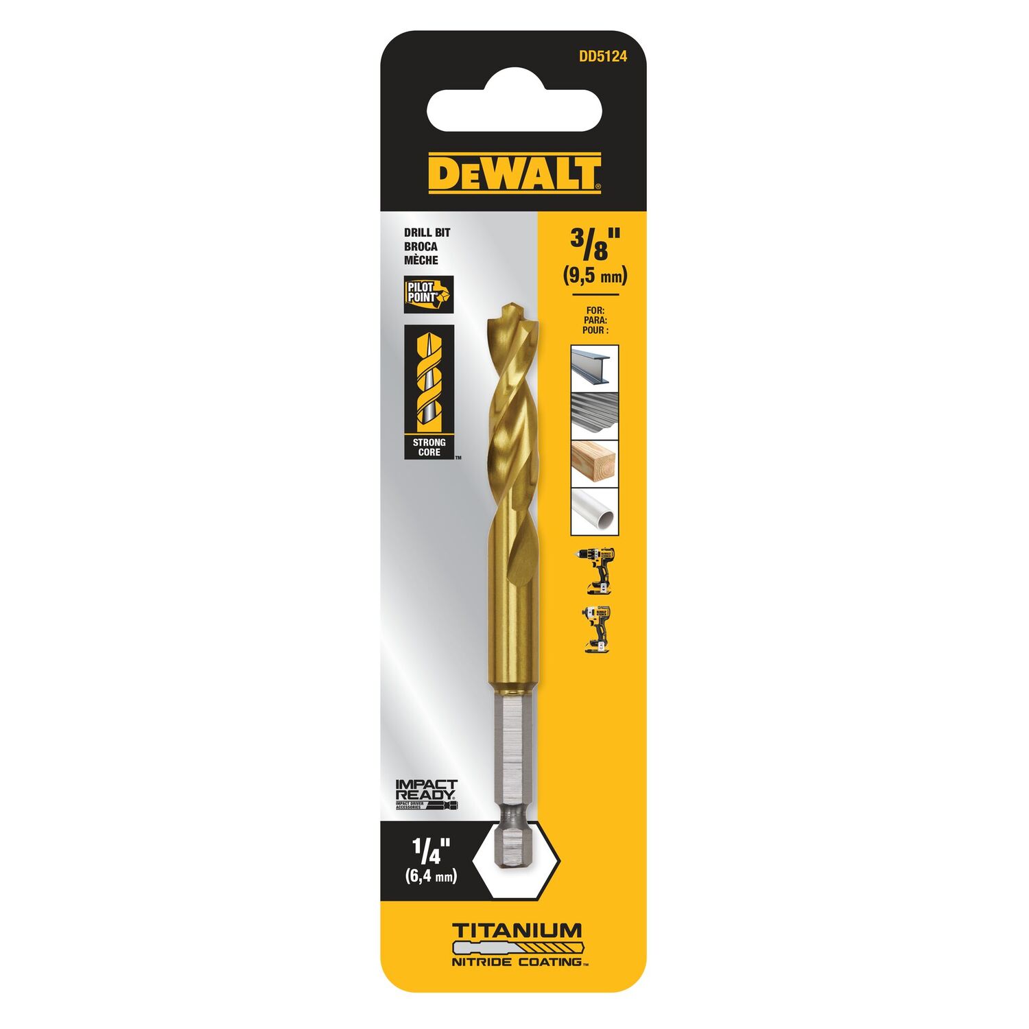DEWALT Impact Ready Titanium Nitride Coated Drill Bit, 3/8-In