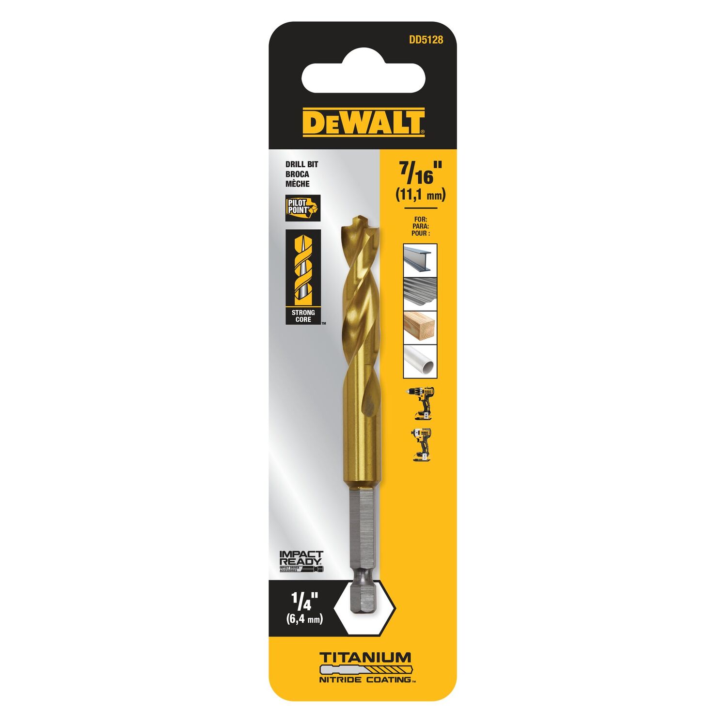 DEWALT Impact Ready Titanium Nitride Coated Drill Bit, 7/16-In