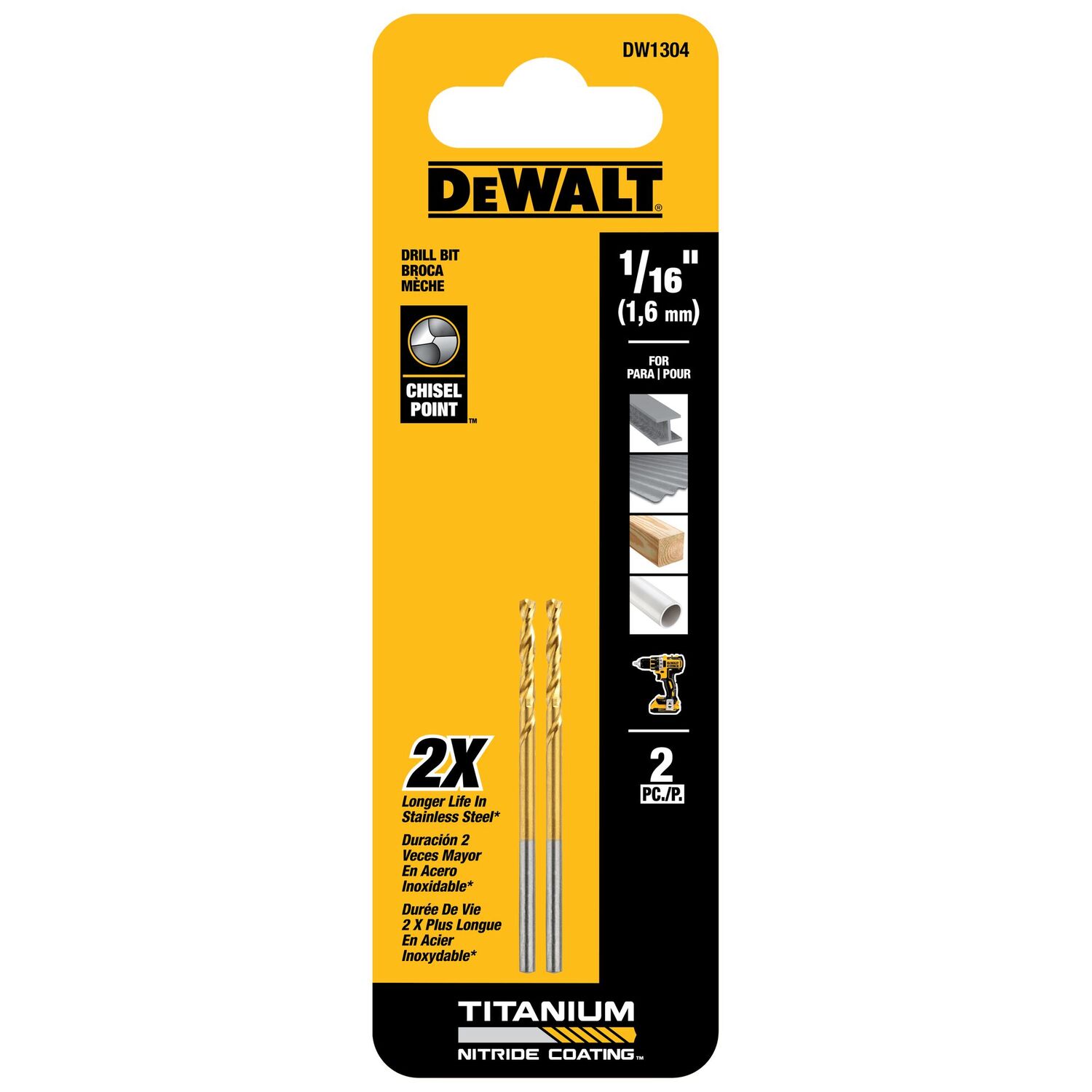DEWALT Titanium Nitride Coated Drill Bit, 1/16-In, 2-Pk